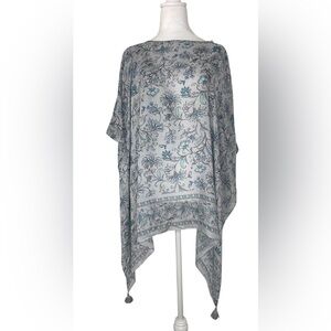 Boho Floral Print Kimono Poncho Shawl Gray Blue Tassel Lightweight Lagenlook